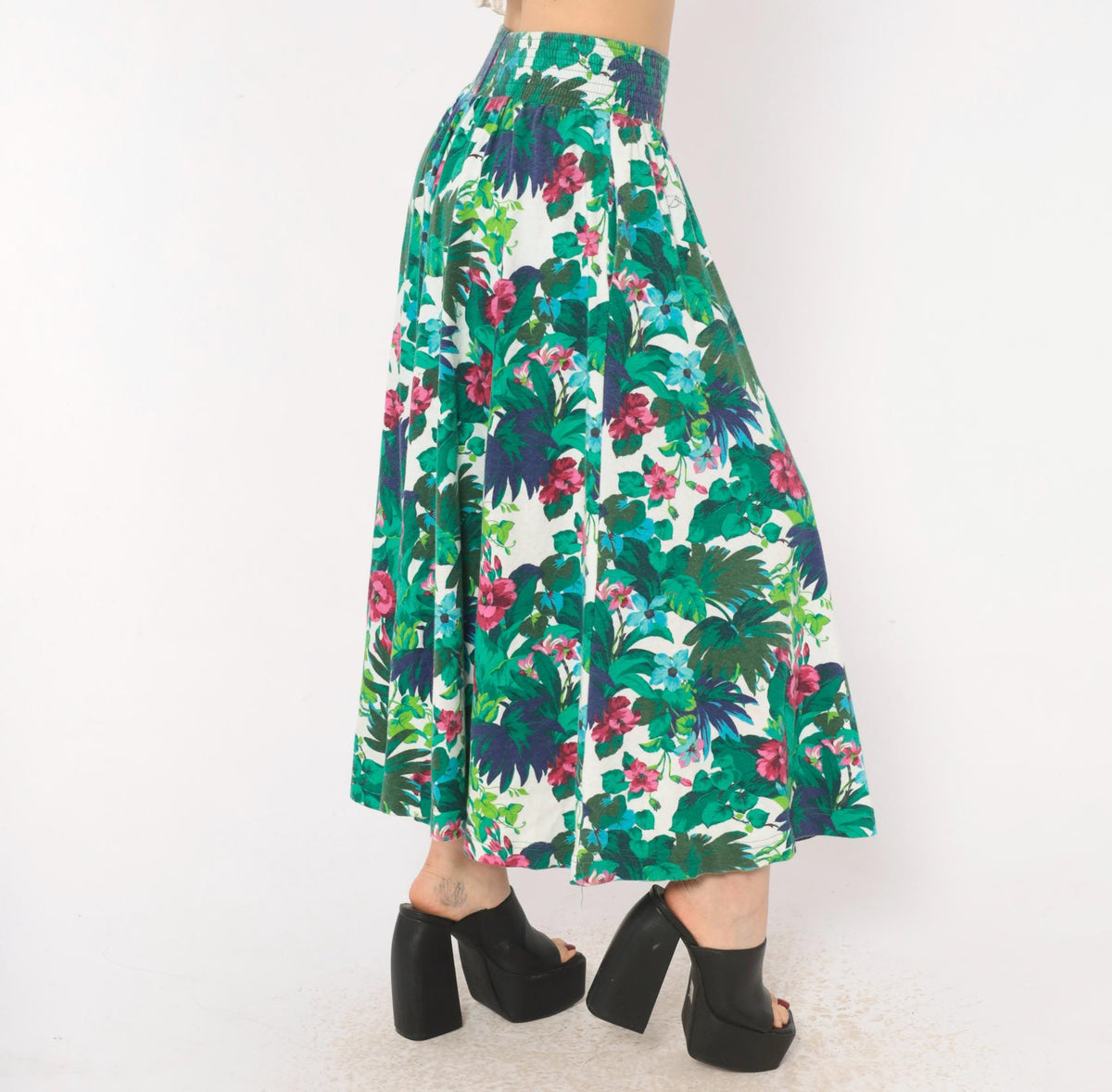 90s Dennis Goldsmith Tropical Floral Skirt Green Teal Pink Cotton Blend XS