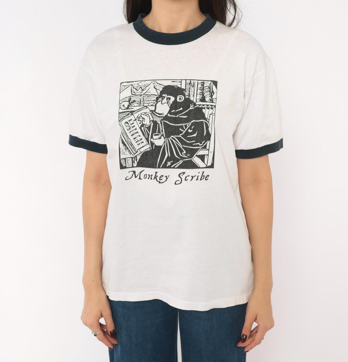 90s Anvil Monkey Scribe Ringer Tee Woodcut Print White Black Small