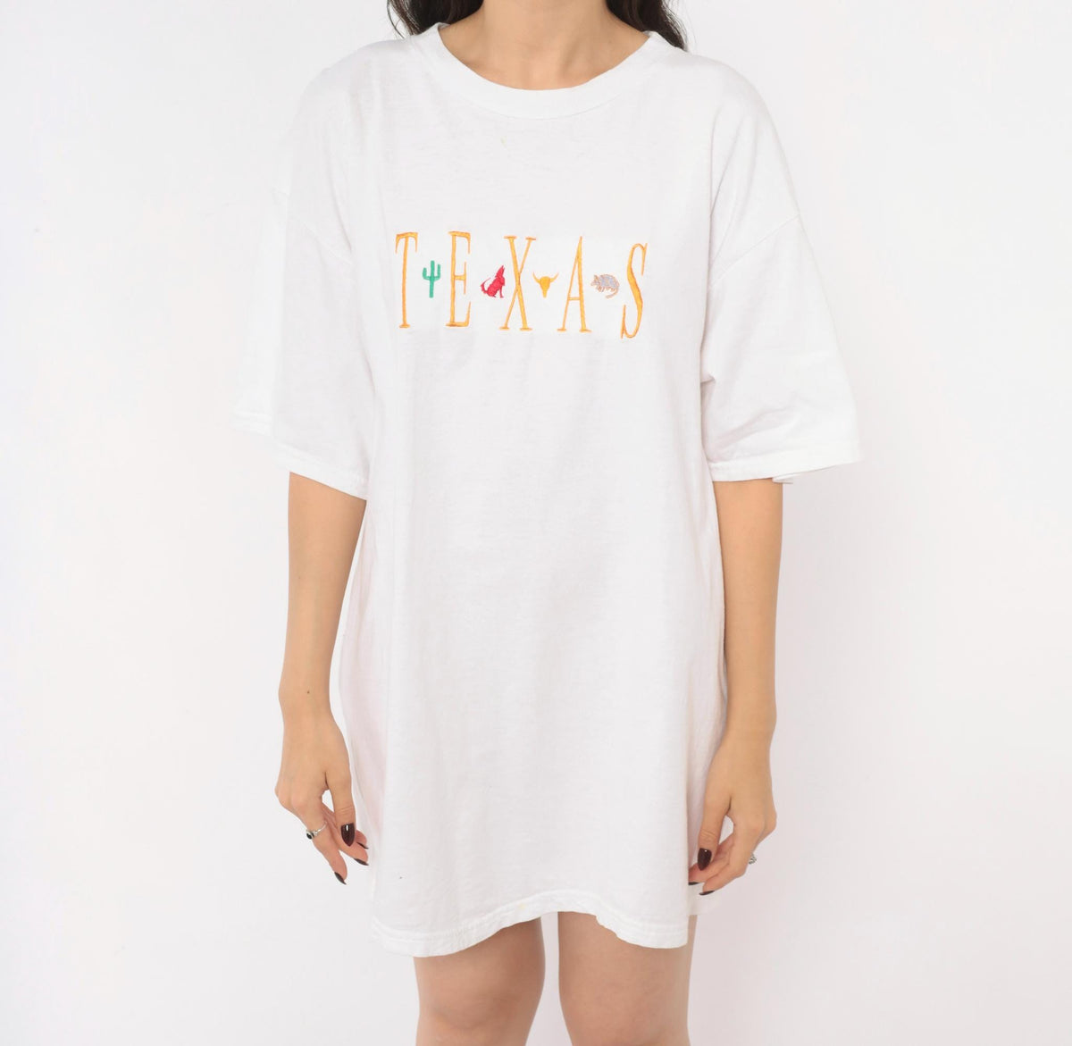 90s Tultex Texas Embroidered Tee White Cotton Cactus Longhorn Armadillo Coyote Extra Large XL
