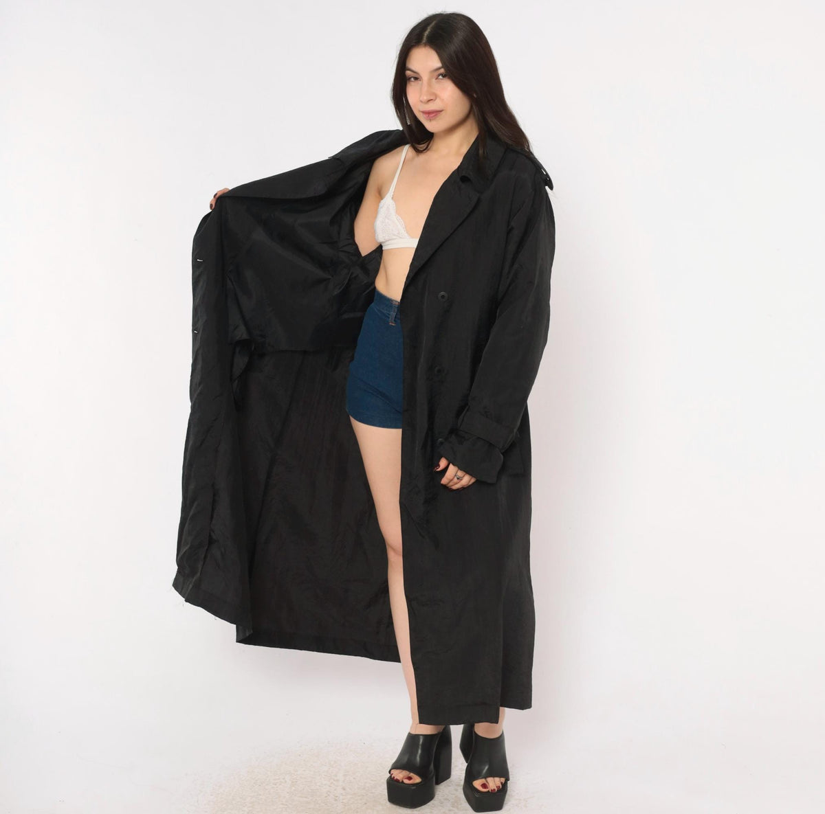 90s Jennifer Chase Black Trench Coat Double Breasted Collared Duster Extra Large XL