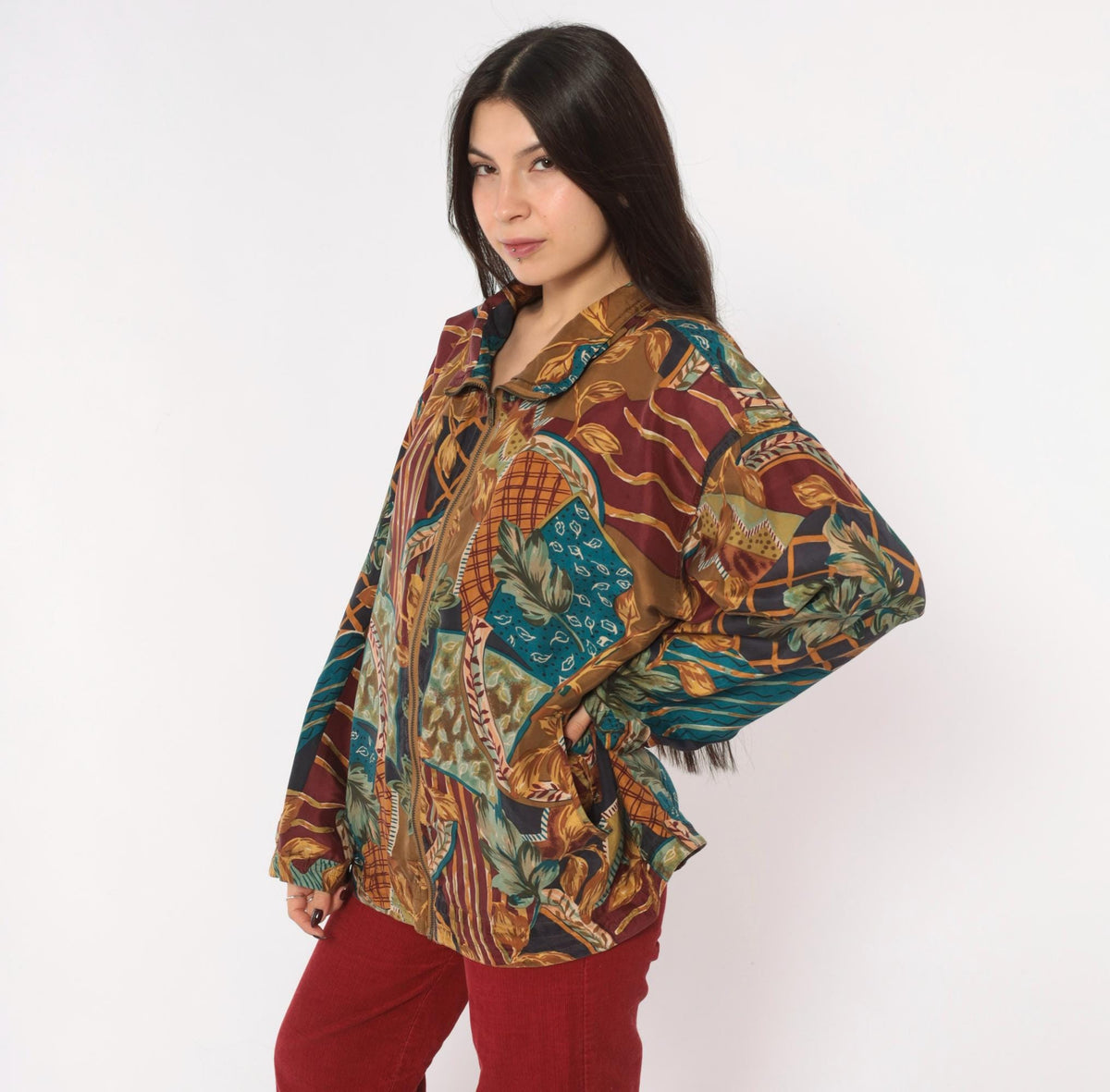 90s EVR Silk Bomber Jacket Tan Patchwork Leaf Print Unisex Large L
