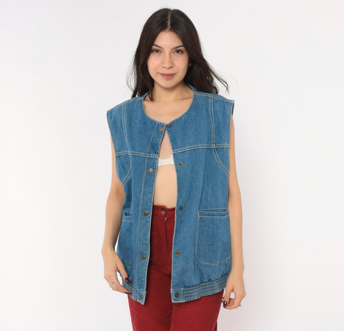 90s Juleigh Jean Denim Vest Blue Snap Button Sleeveless Large L