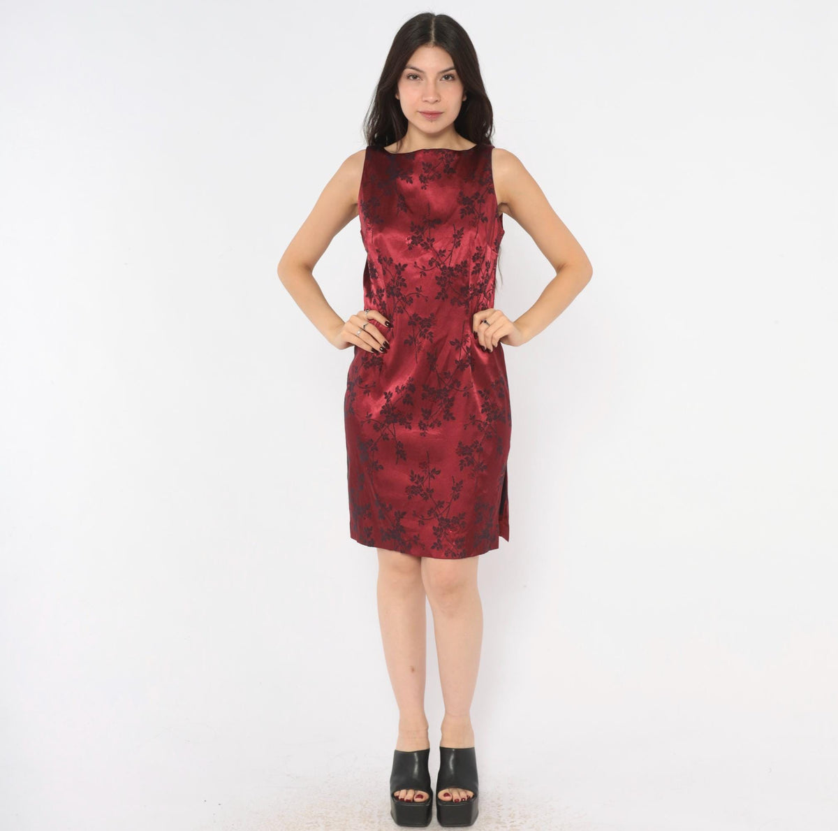 90s Esprit Wine Red Floral Jacquard Sheath Dress Sleeveless Small S