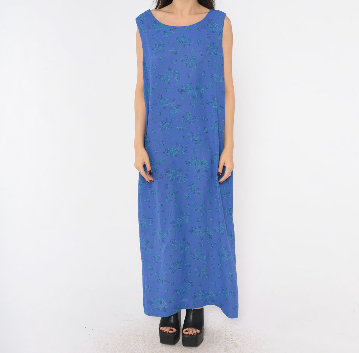 90s Leslie Fay Blue Floral Maxi Dress Sleeveless Scoop Neck Large L