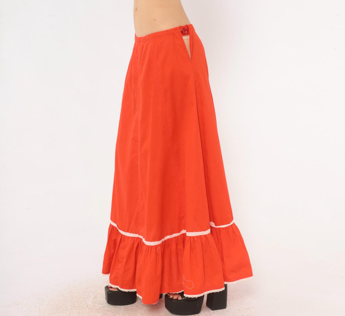 70s Orange Prairie Skirt Tiered Ruffle Eyelet Lace Trim Ankle Length Large