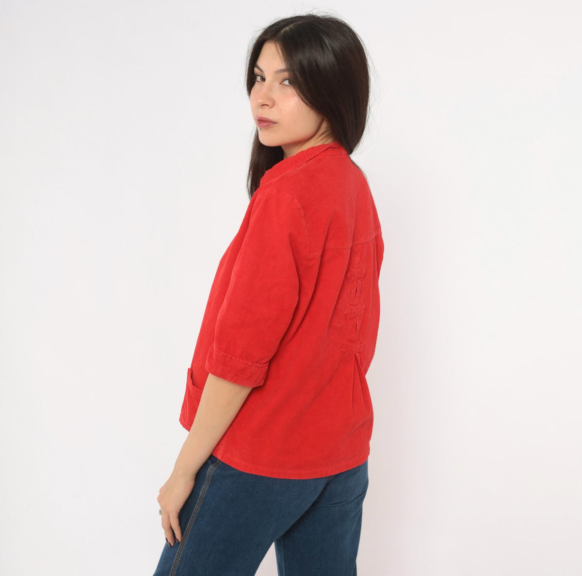 70s Red Corduroy Zip Shirt Pointed Collar Patch Pocket Cropped Blouse Small S