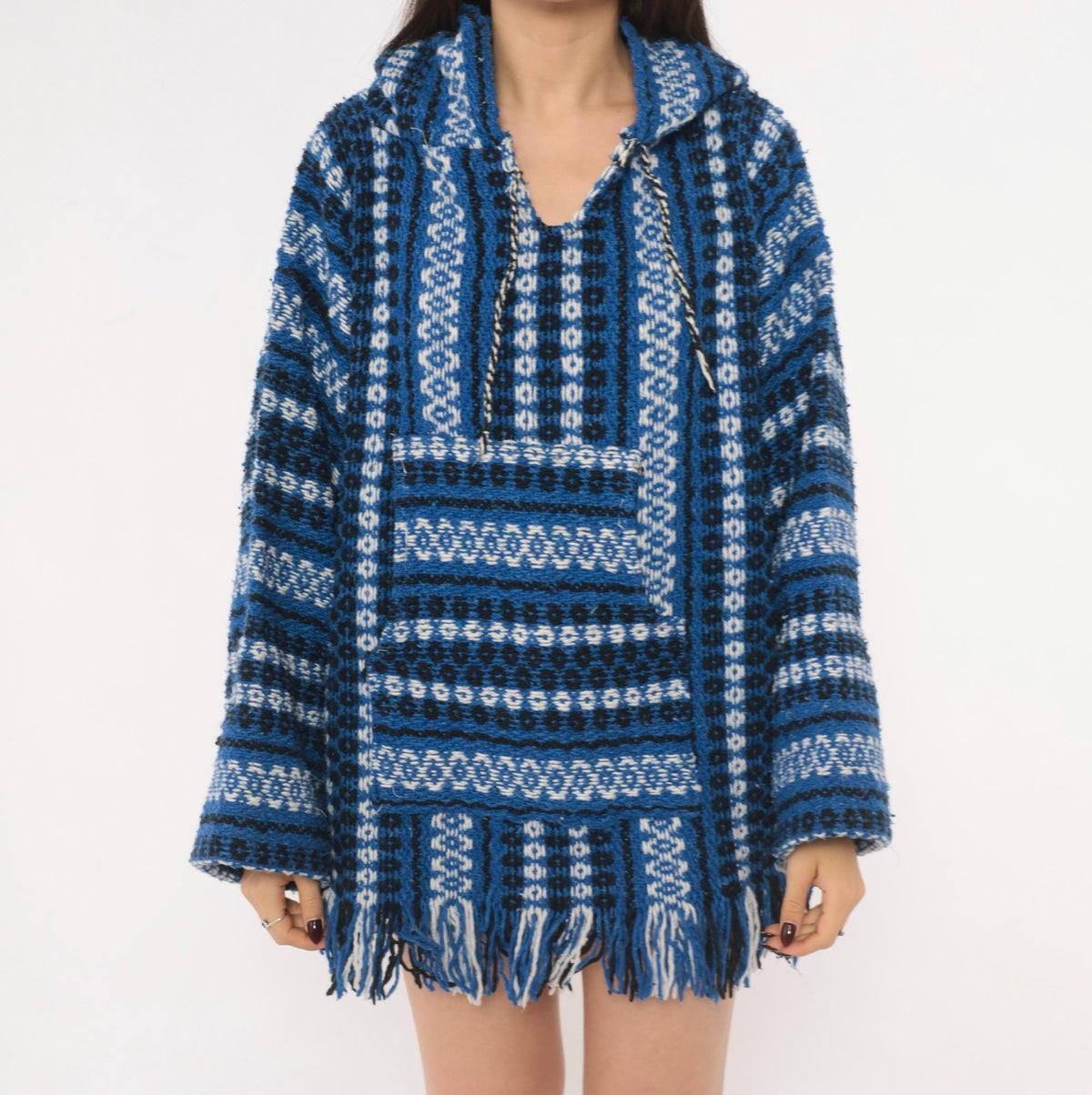 90s Cobalt Blue Baja Hoodie Woven Stripe Kangaroo Pocket Unisex Large