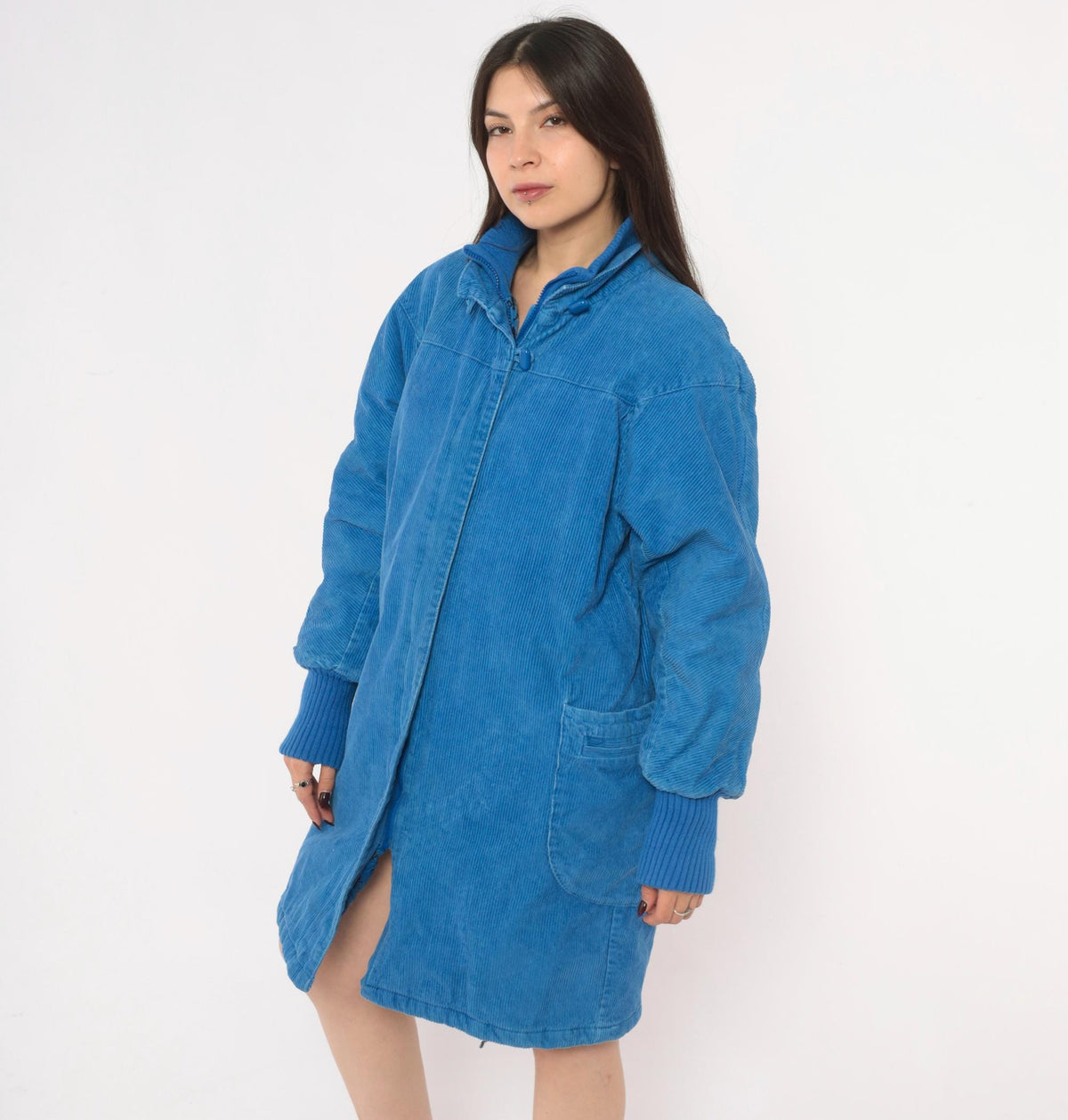 80s Windy Weather Corduroy Coat Blue Zip Front Stand Collar Large L
