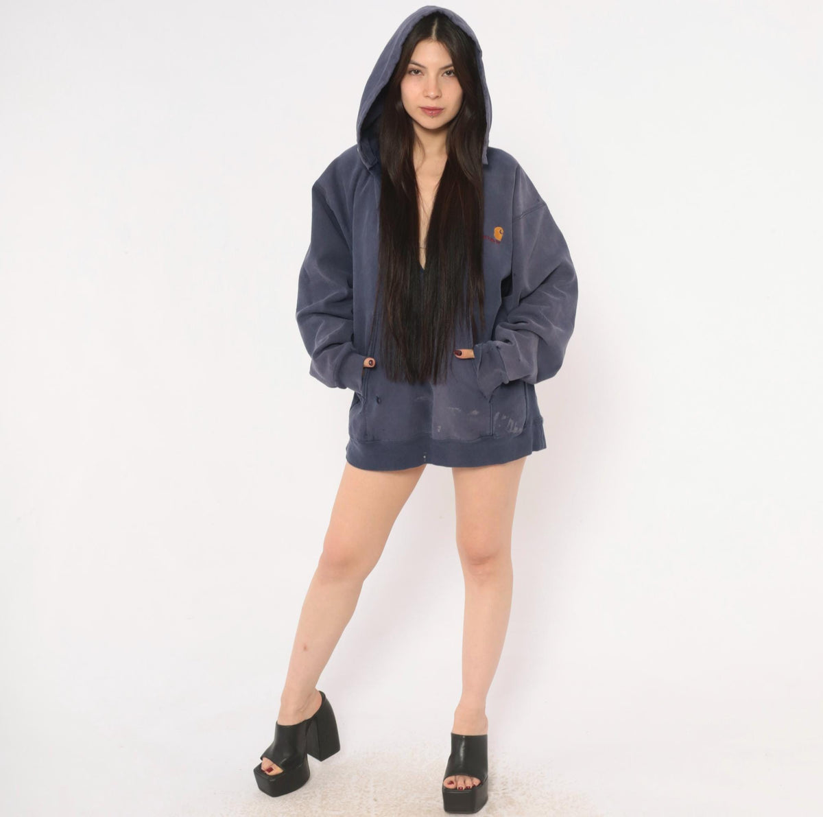 Y2K Carhartt Navy Hooded Sweatshirt Distressed Raglan Cotton Large