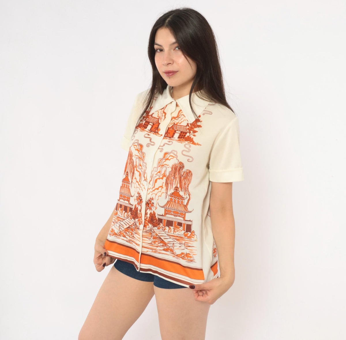70s Pagoda Willow Tree Scenic Print Blouse Cream Orange Pointed Collar Medium