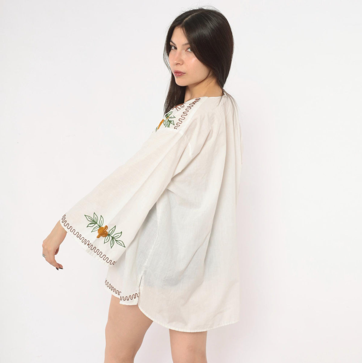 90s White Embroidered Bell Sleeve Tunic Blouse Brown Butterfly Keyhole Tie Neck Extra Large XL