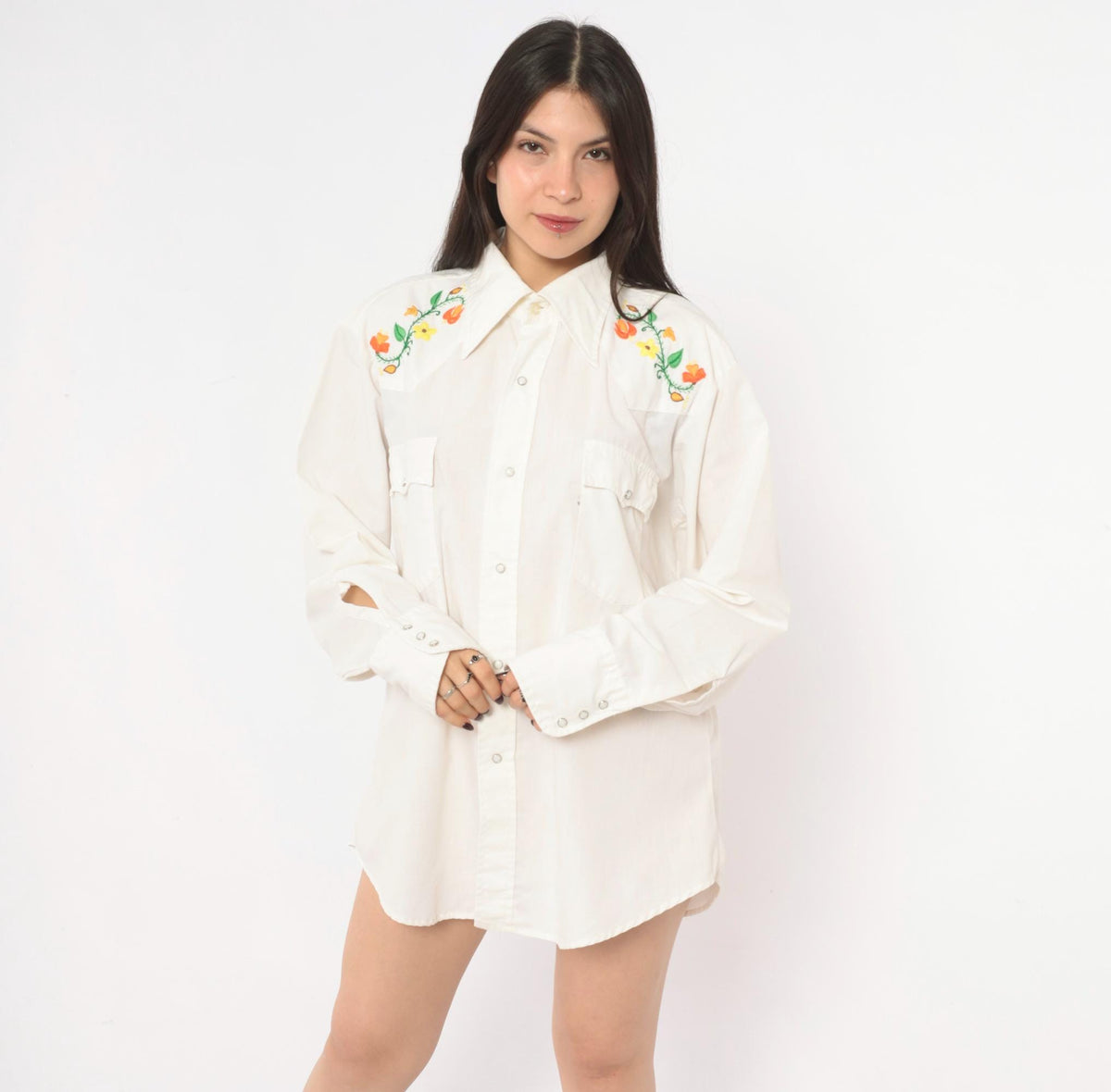 70s Levi's Western Shirt Floral Embroidered Yoke White Pearl Snap Large