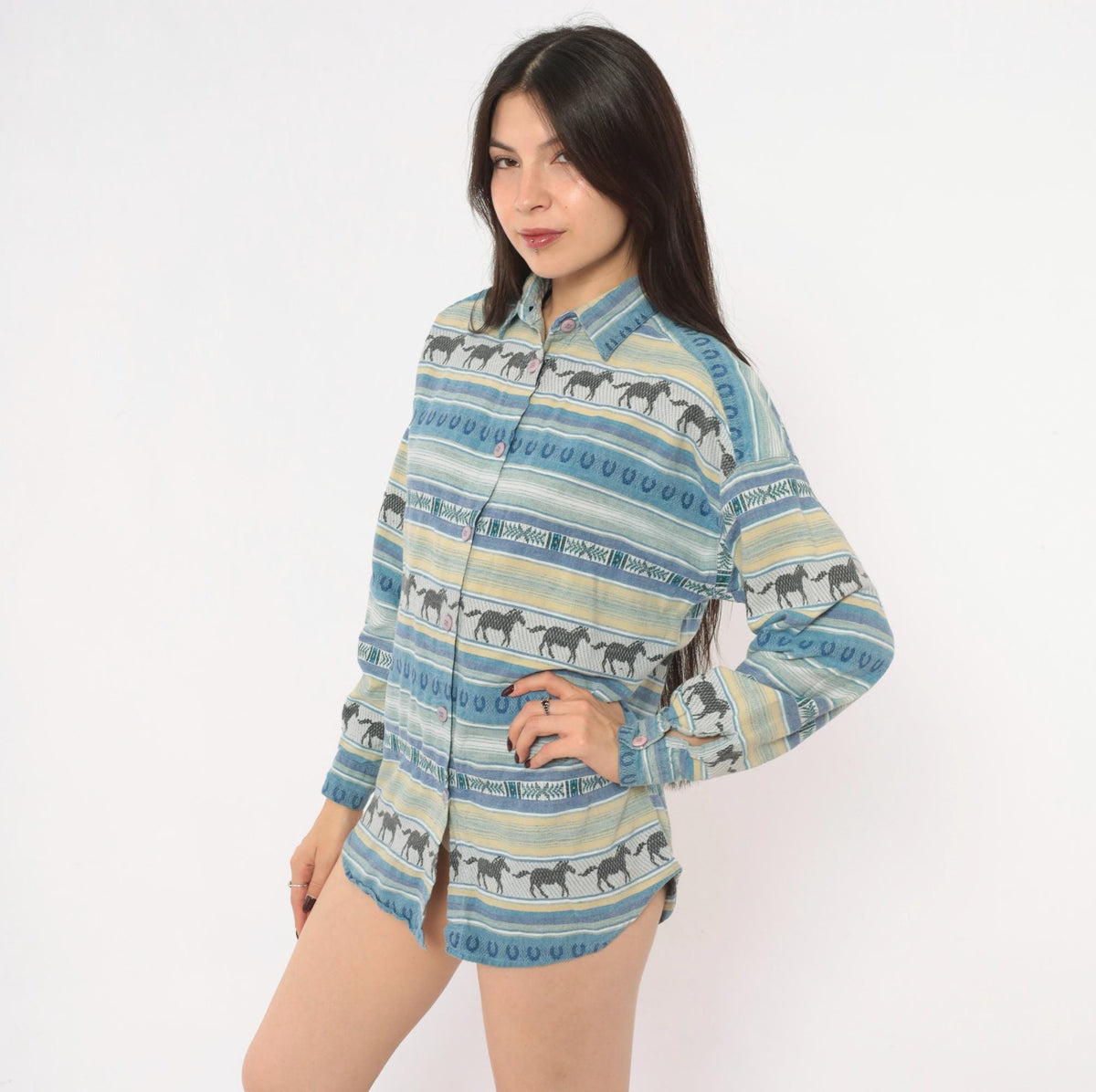 90s CM Company Horse Print Western Shirt Blue Cream Striped Cotton Small