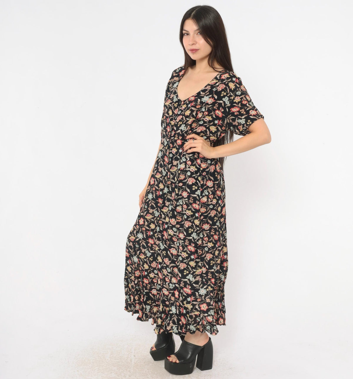 90s Contempo Casuals Black Floral Midi Dress Button Front V Neck Large L