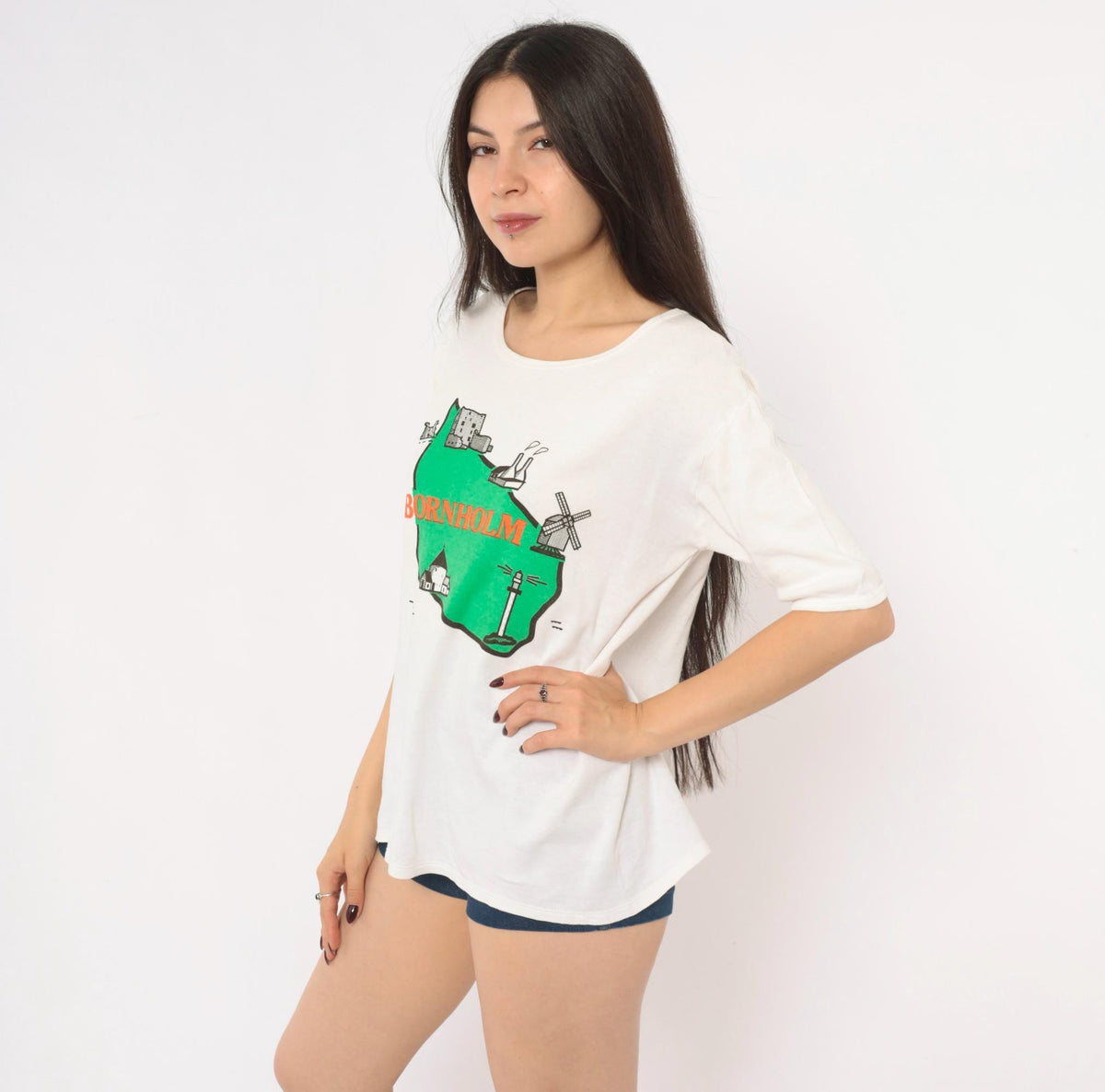 80s Bornholm Denmark Souvenir Tee White Cotton Map Graphic Large L
