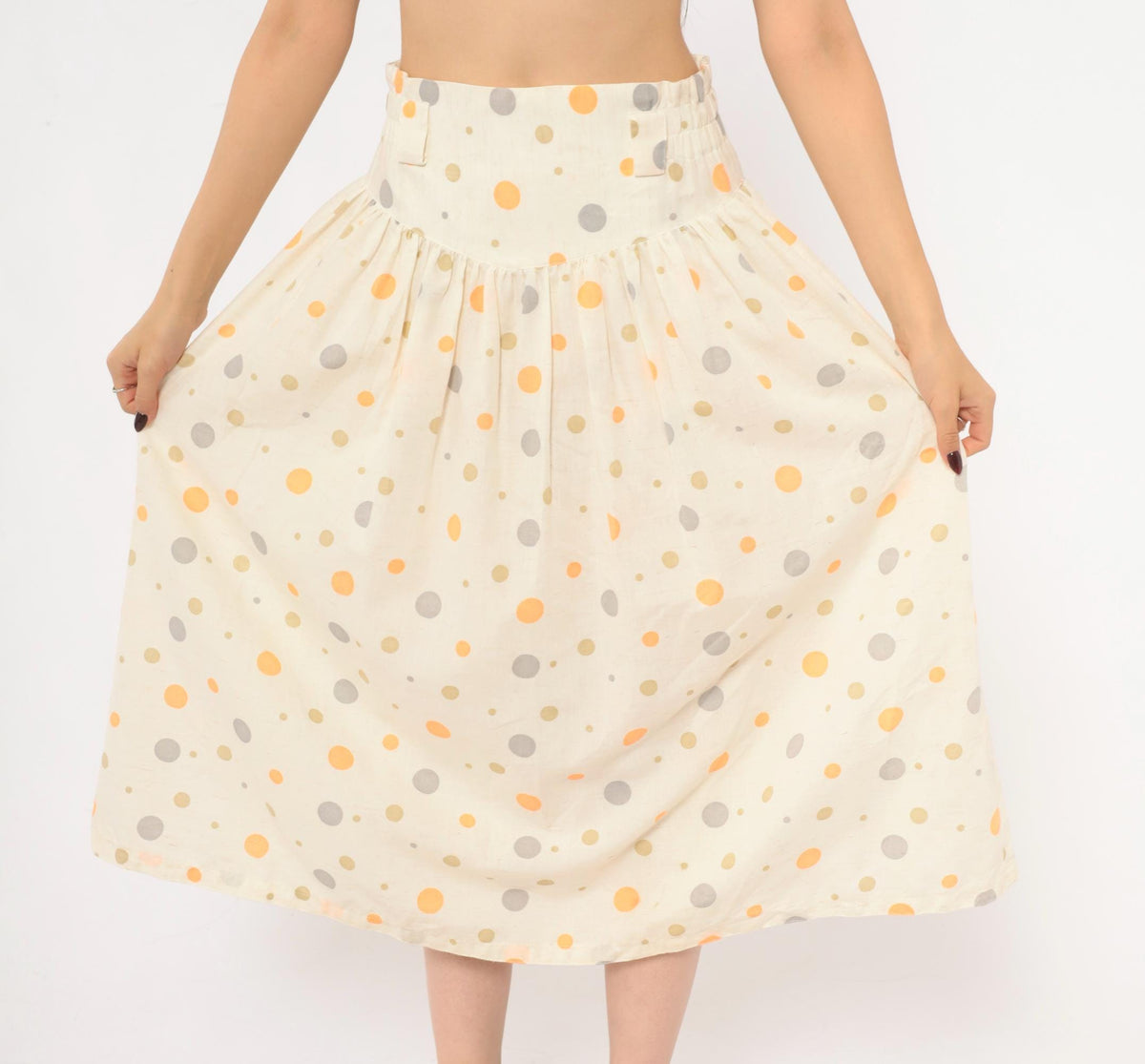 90s Polka Dot Midi Skirt Cream Orange Gray Cotton Gathered High Waist Medium