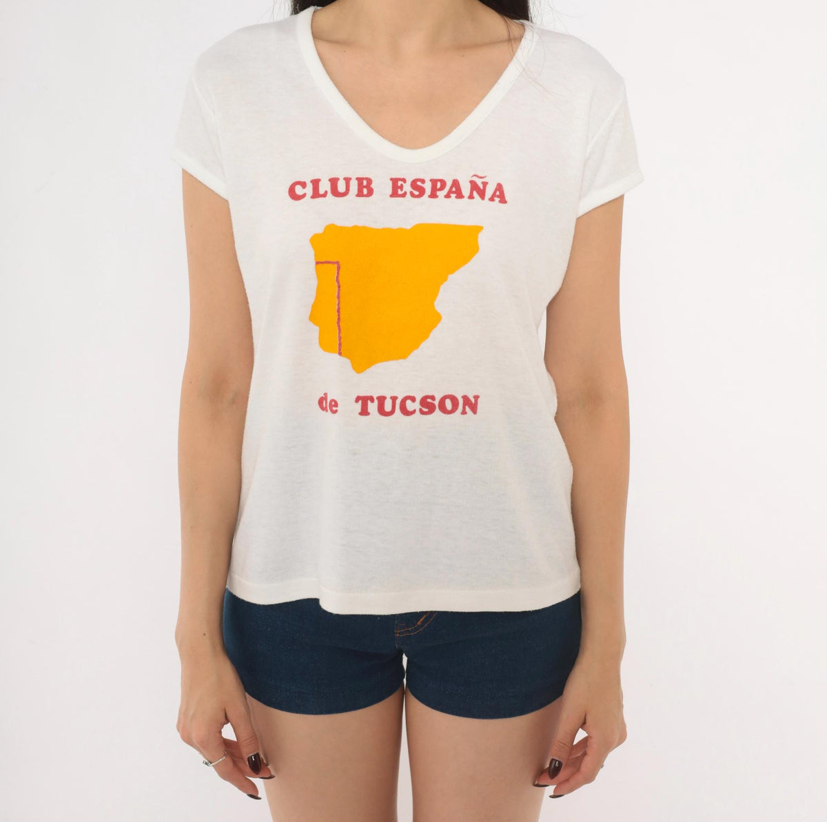 80s Club España Tucson Souvenir Tee White V-Neck Spain Map Print Large