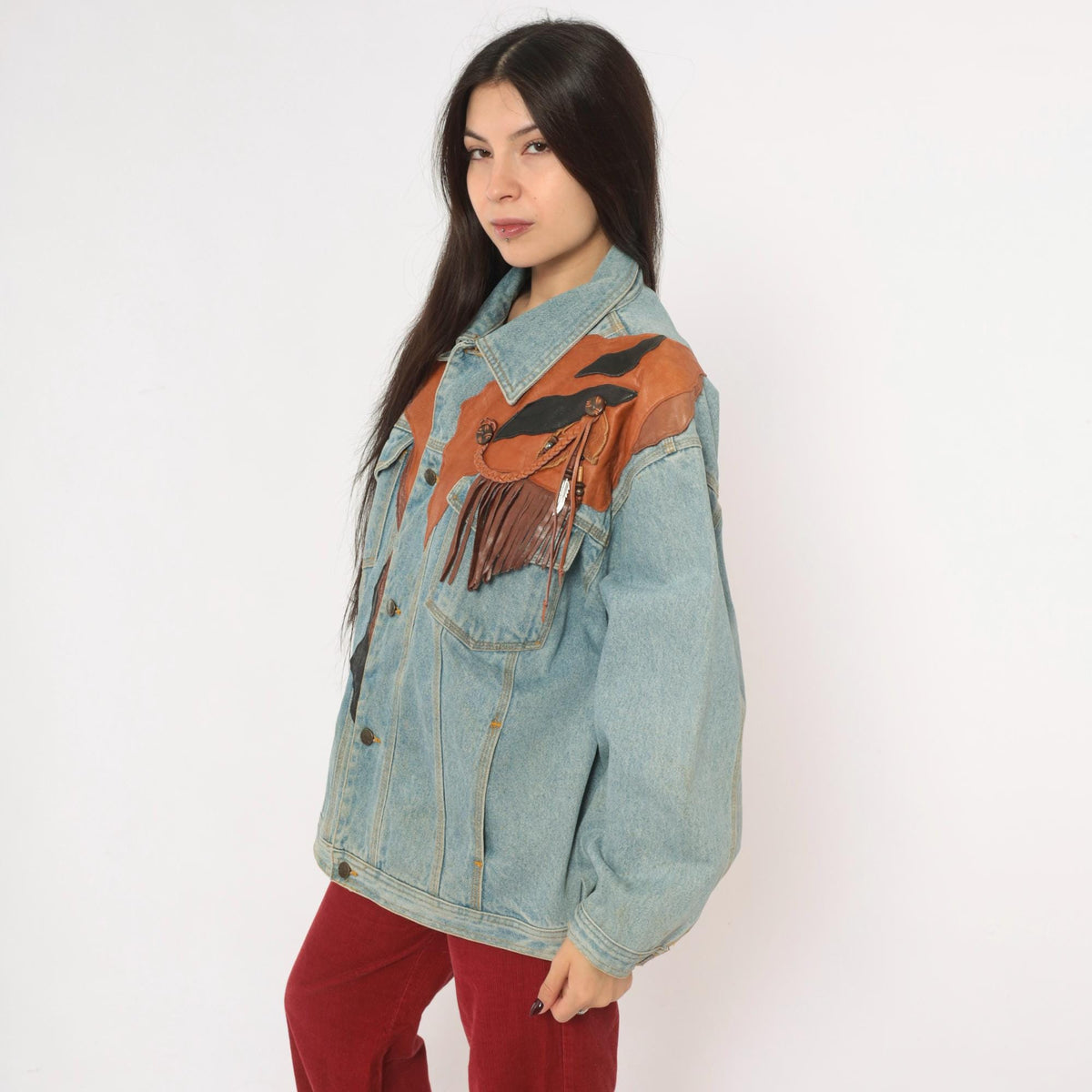 90s Petra C. Wall Denim Jacket Western Leather Cowboy Horse Patchwork Light Blue Medium M