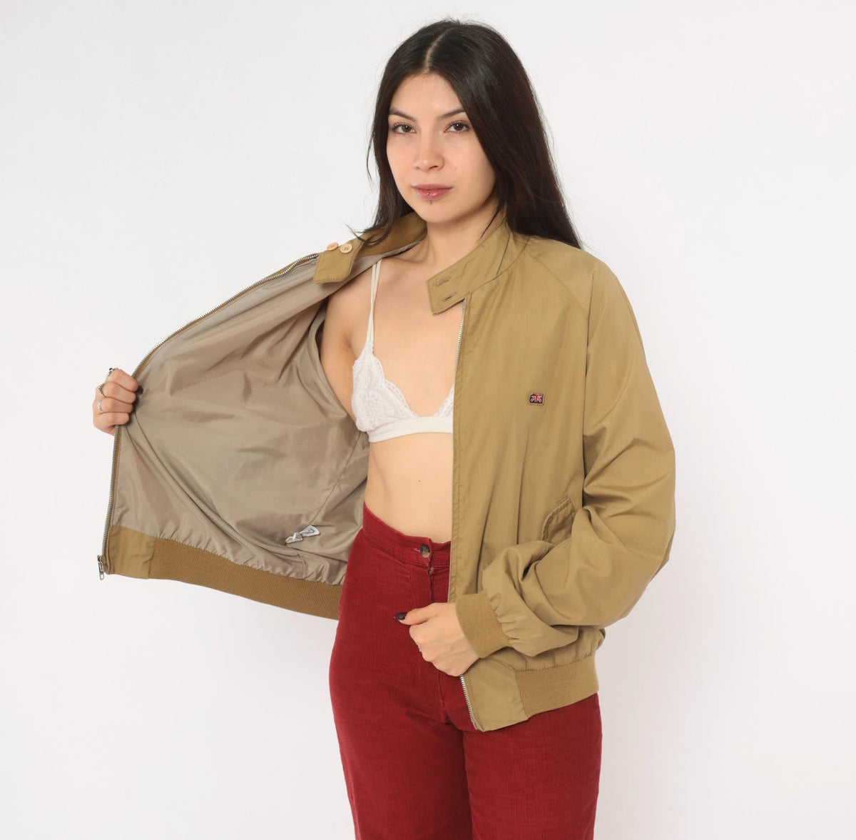 80s Brittania Harrington Jacket Beige Cotton Raglan Stand Collar Medium