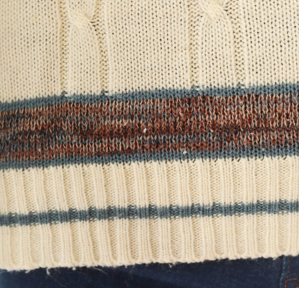 70s Kennington Cable Knit Sweater Cream V Neck Stripe Pullover Small