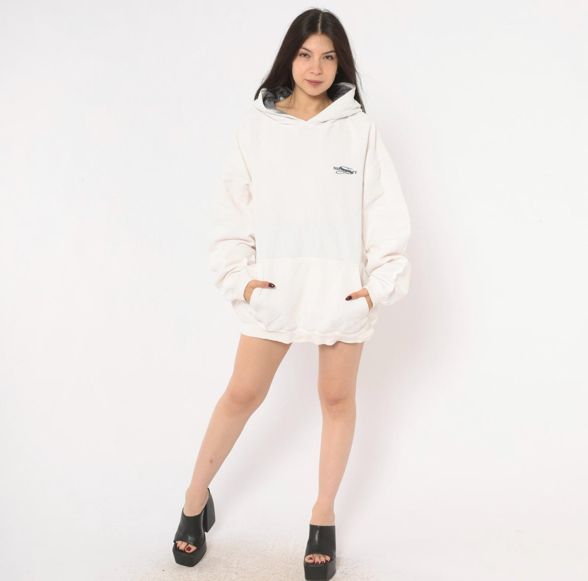 90s Side Out Hoodie Cream Embroidered Logo Raglan Pullover Extra Large XL