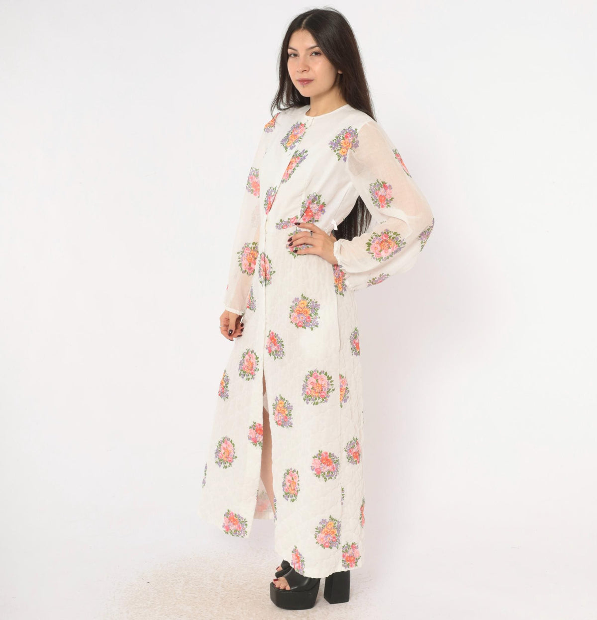 70s White Floral Quilted Maxi Dress Balloon Sleeve Button Front Small