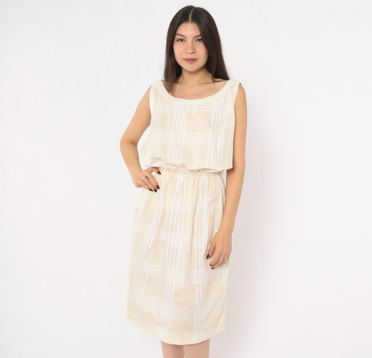 80s Cream Plaid Sleeveless Sundress Scoop Neck Blouson Waist Medium M