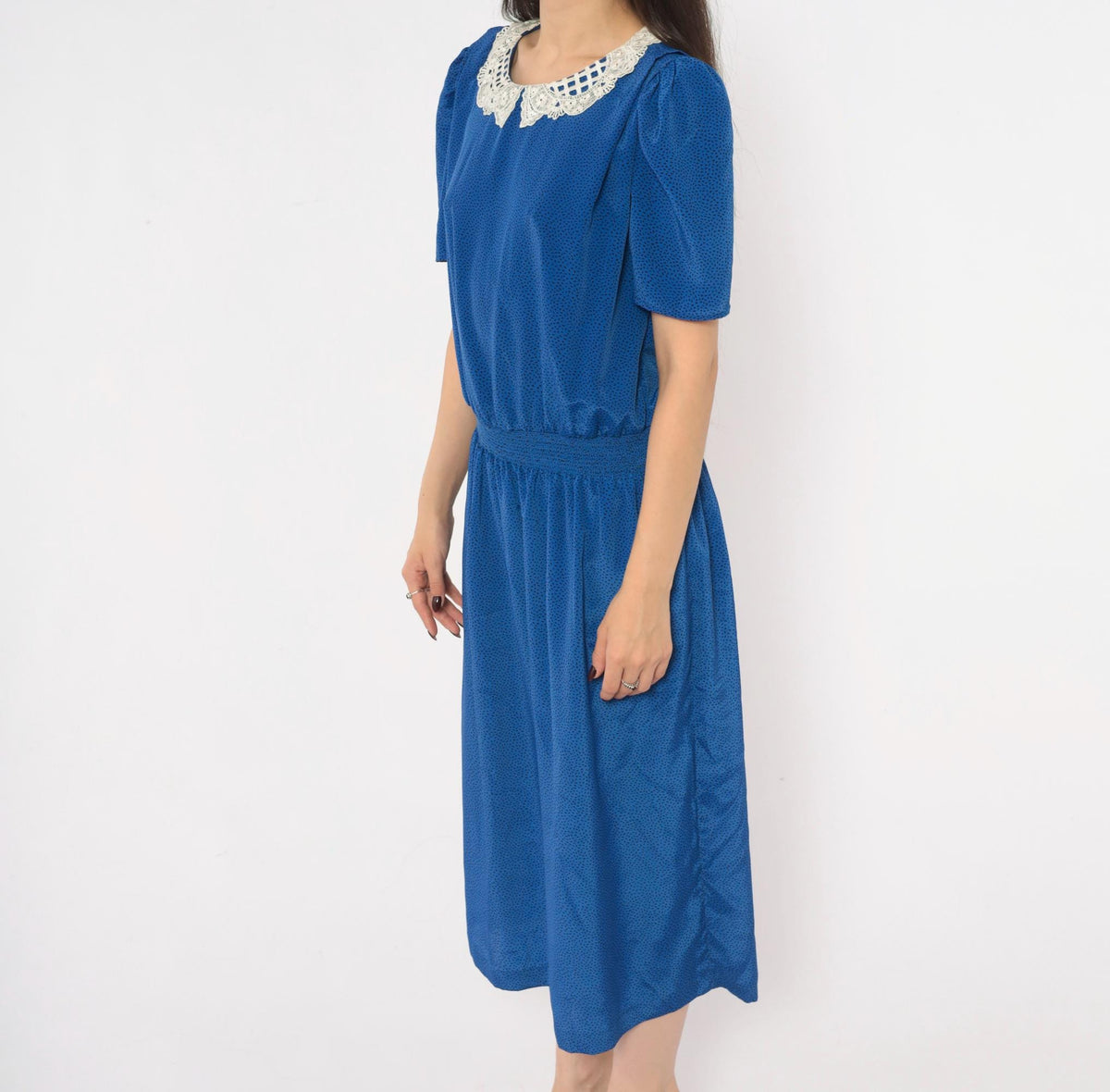 80s Stuart Alan Cobalt Midi Dress Lace Collar Puff Sleeve Dot Print Medium