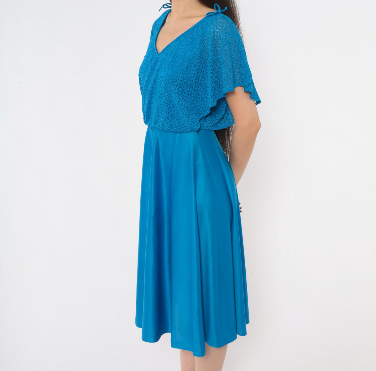 70s Cobalt Blue Crochet Knit Dress Flutter Sleeve V Neck Drop Waist Small