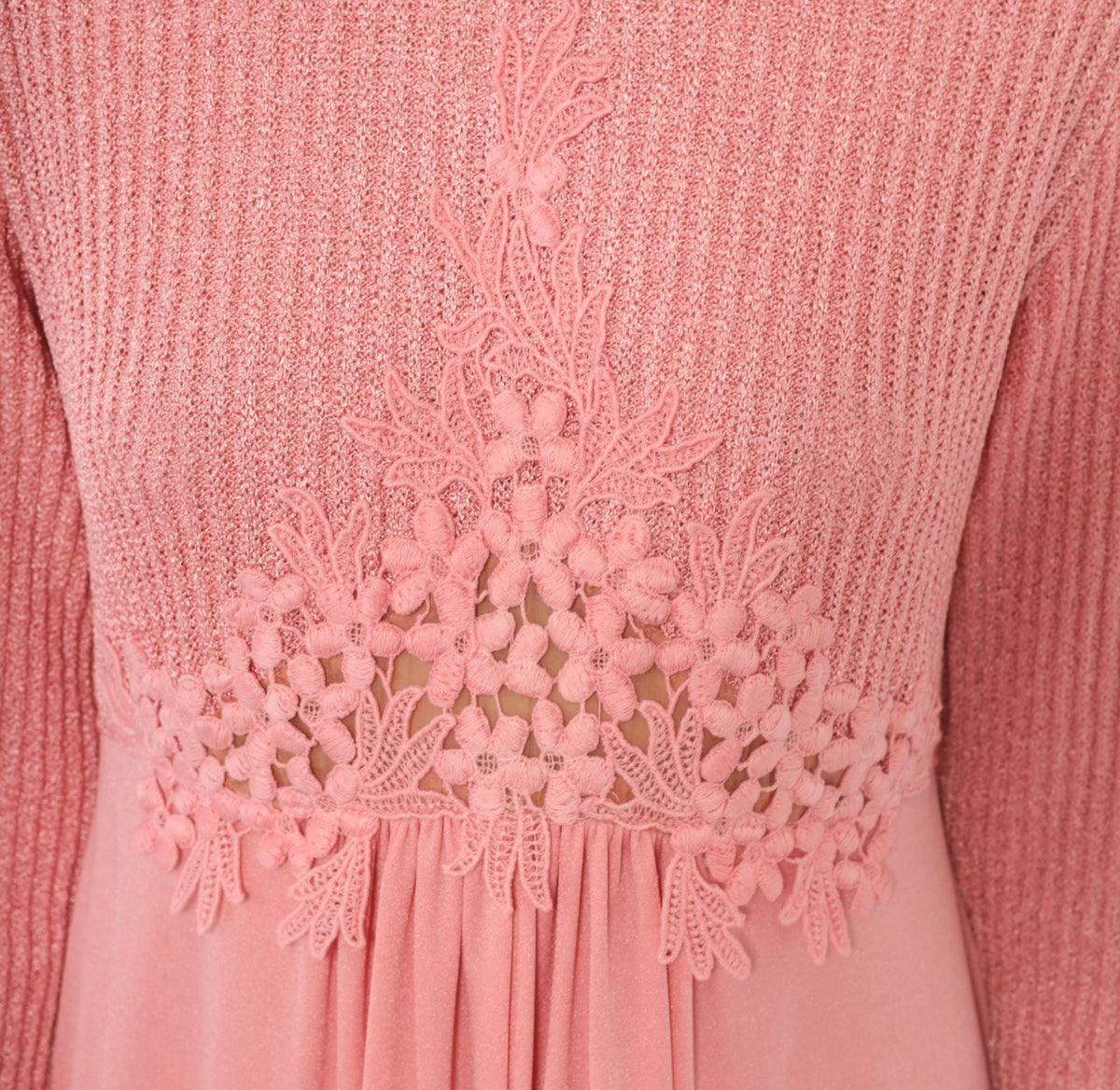 70s Pink Maxi Dress Knit Bodice Floral Lace Empire Waist Long Sleeve Medium