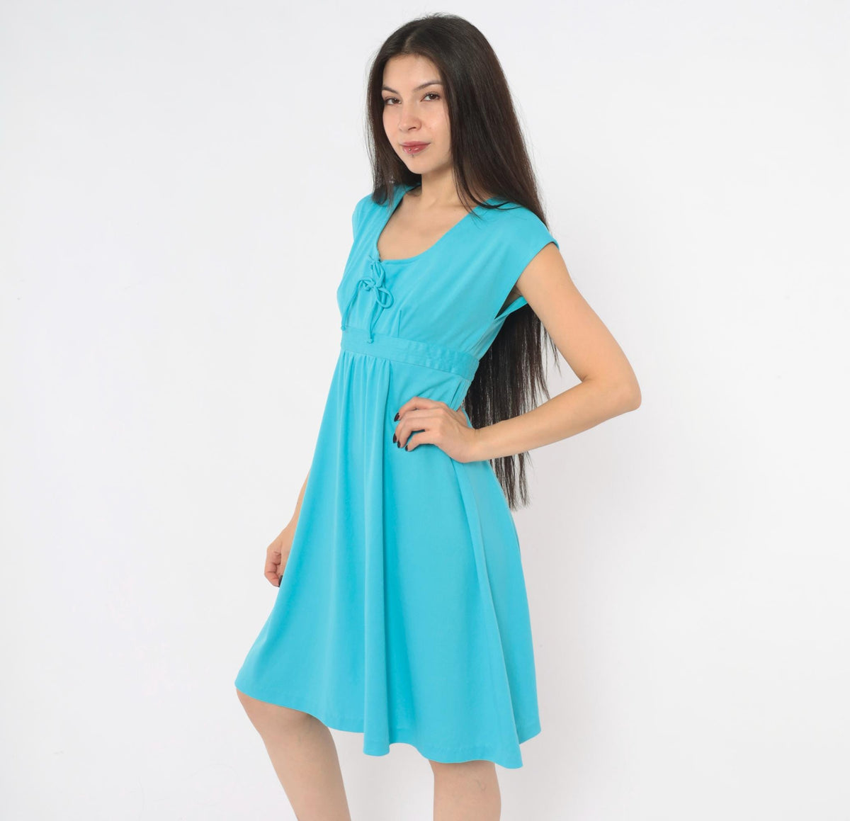 70s Teal Blue Knee-Length Dress Cap Sleeve Empire Waist Keyhole Tie Back Small