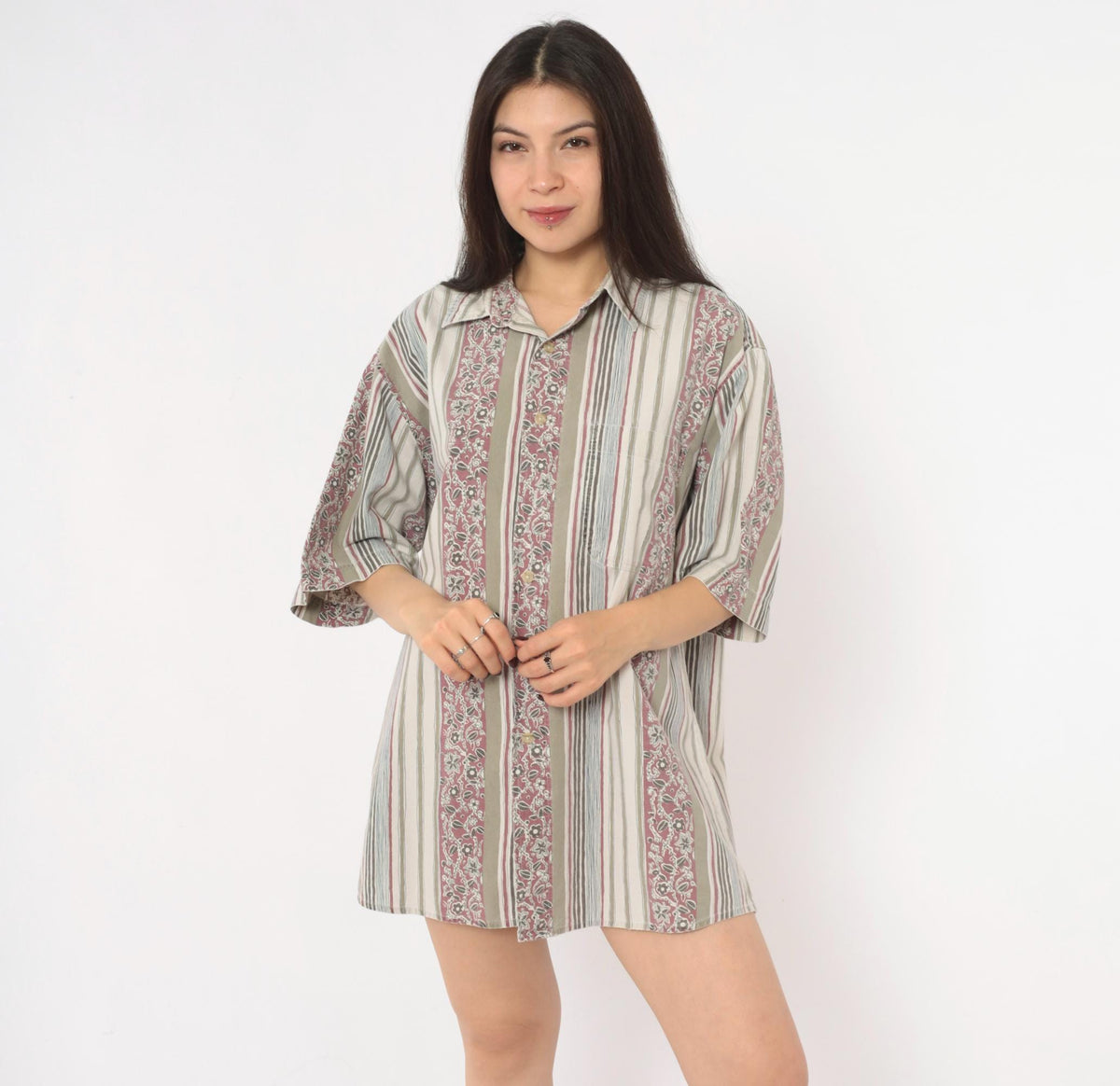 90s Key Elements Striped Floral Cotton Shirt Cream Rust Extra Large XXL