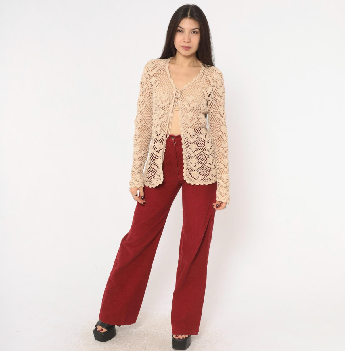 90s Beige Crochet Cardigan Floral Openwork Knit Small S
