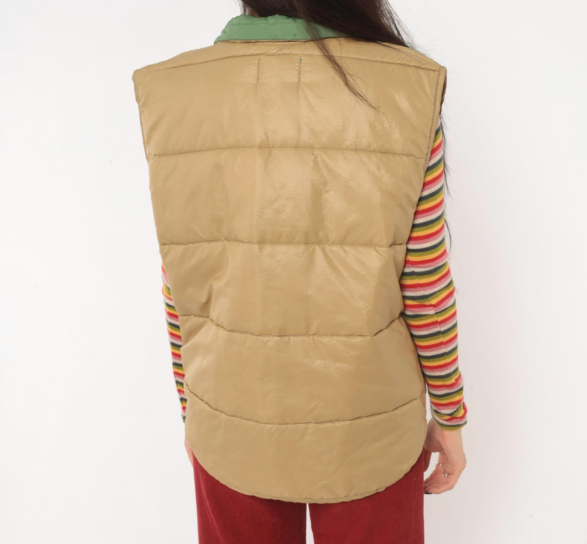 80s Aramis Devin Puffer Vest Tan Reversible Green Quilted Snap Medium