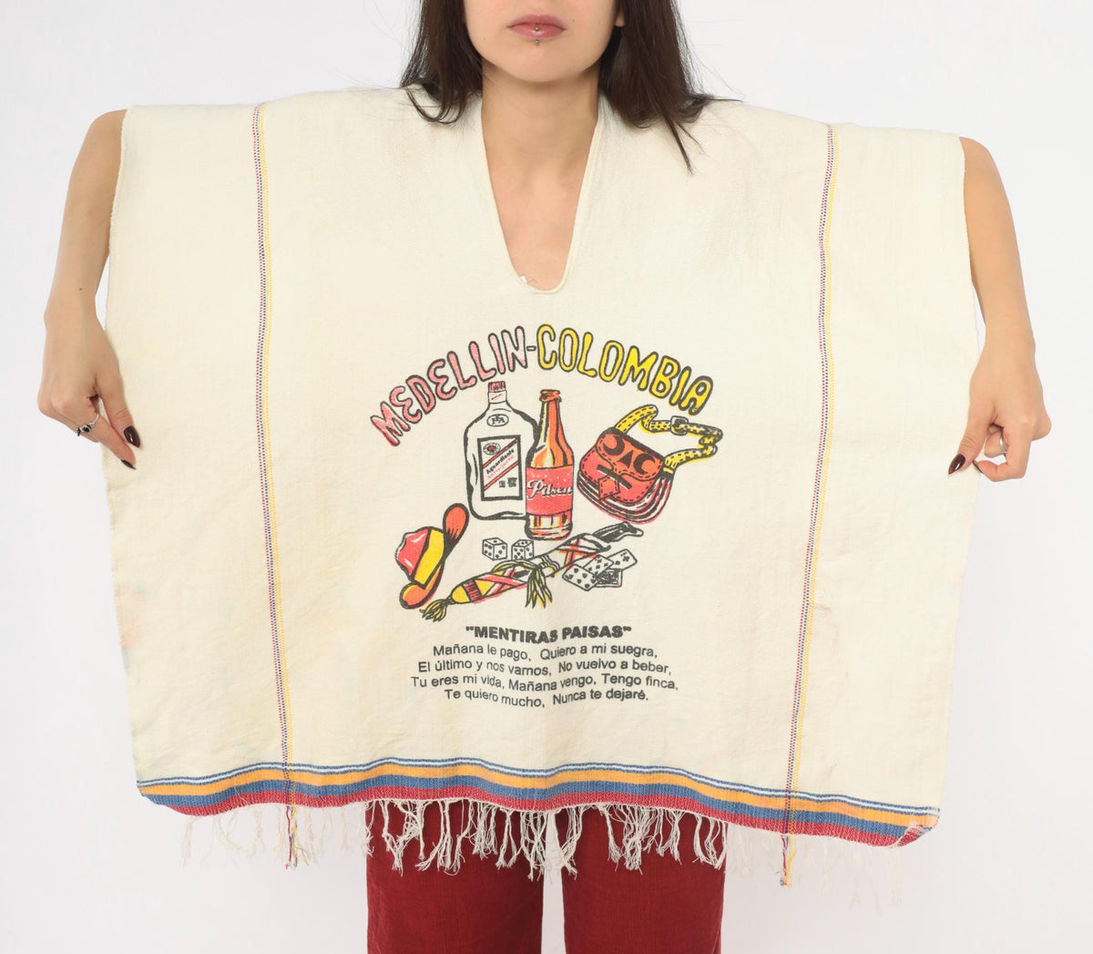 80s Medellin Colombia Souvenir Poncho Cream Cotton Graphic V Neck Fringe One Size