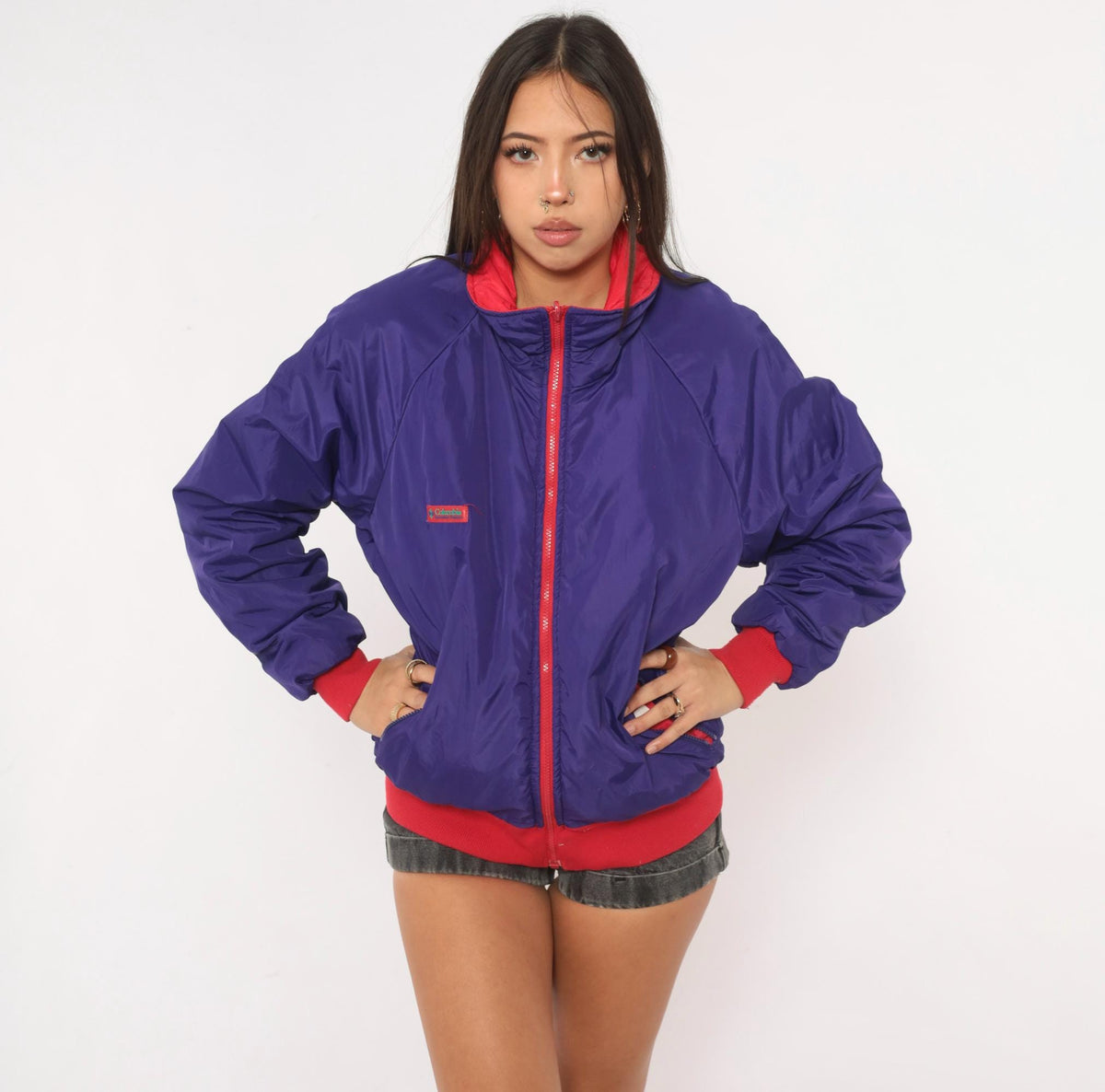 90s Columbia Reversible Bomber Jacket Red Purple Color Block Medium