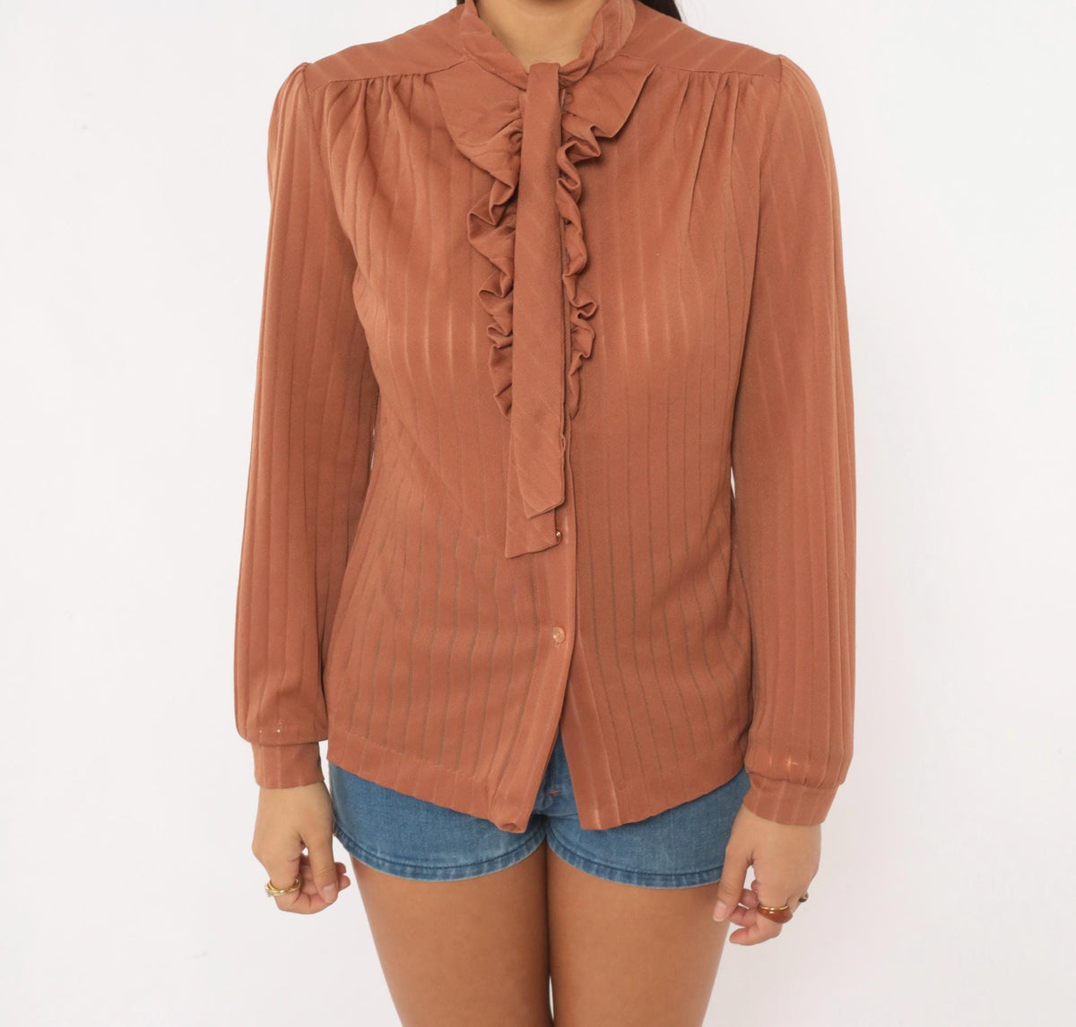 70s Graff Tan Ruffle Jabot Blouse Mock Neck Pleated Semi-Sheer Medium