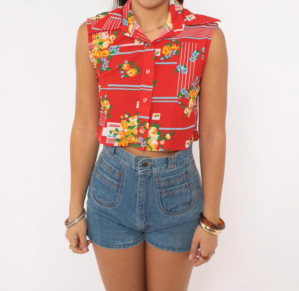 70s Red Floral Crop Top Yellow Rose Print Sleeveless Button Front Blouse Medium