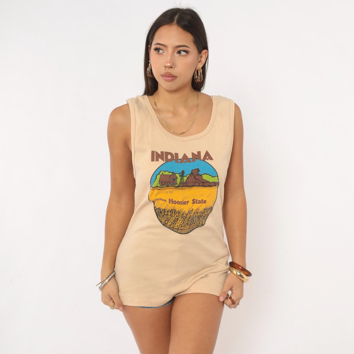 80s Indiana Hoosier State Souvenir Tank Top Tan Graphic Small