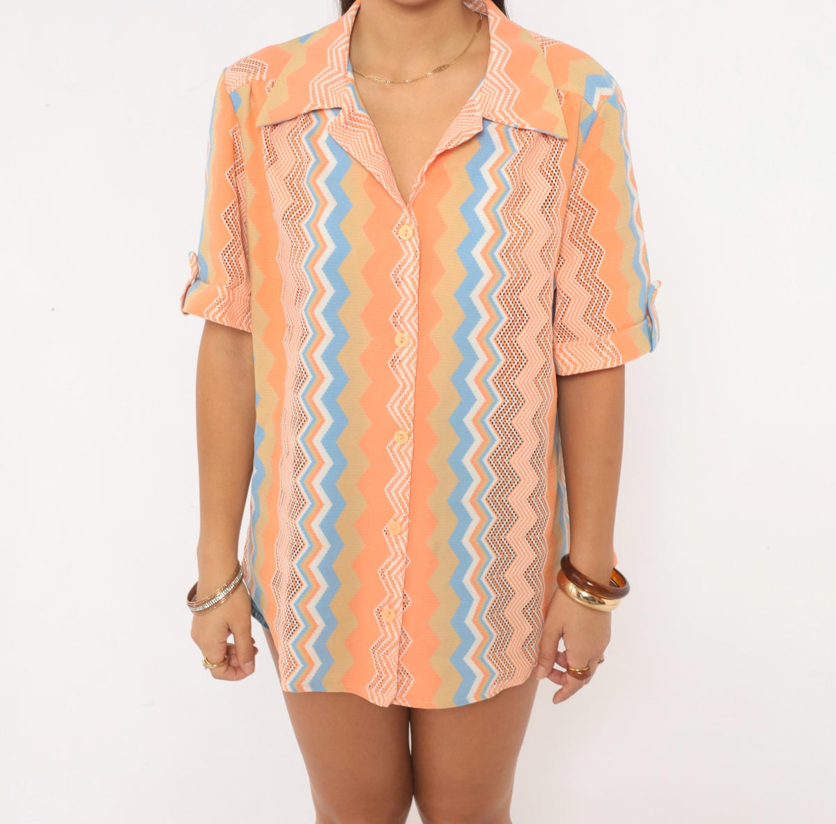70s Chevron Zigzag Button Up Blouse Orange Coral Blue Open Knit Mesh Large