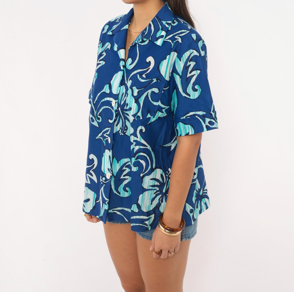 70s Hawaiian Shirt Navy Blue Hibiscus Floral Camp Collar Short Sleeve Medium M