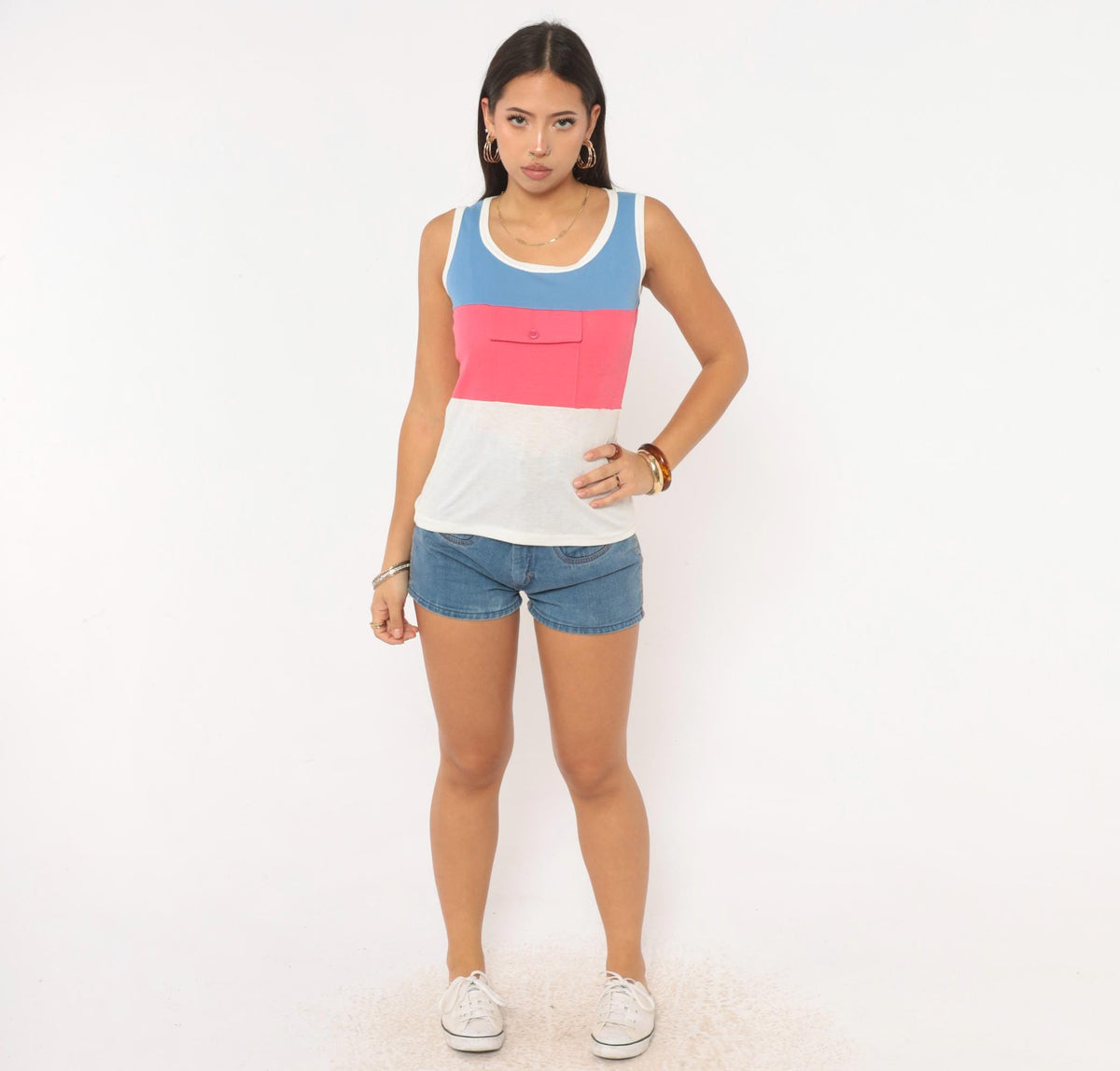 80s Color Block Tank Top Blue Pink White Cotton Sleeveless Extra Small XS