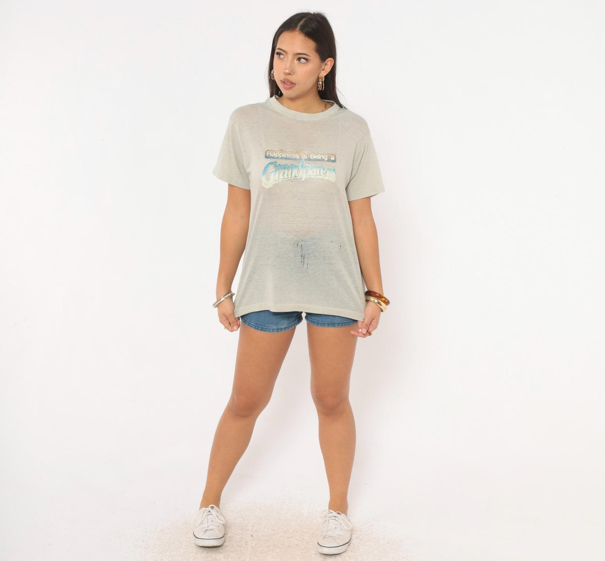 80s Grandparent Graphic Tee Grey Glitter Puff Print Cotton Small