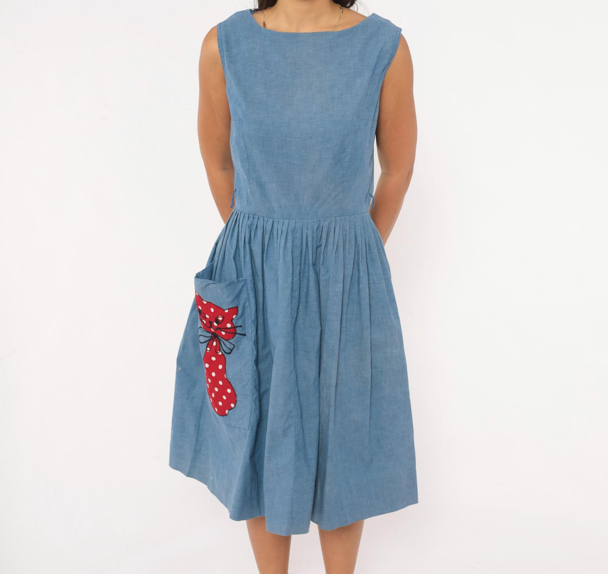 60s Blue Chambray Dress Cat Applique Boat Neck Below Knee Small