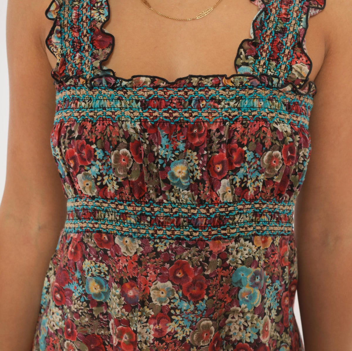 70s Floral Mini Dress Burgundy Blue Smocked Square Neck Ruffle Strap Small