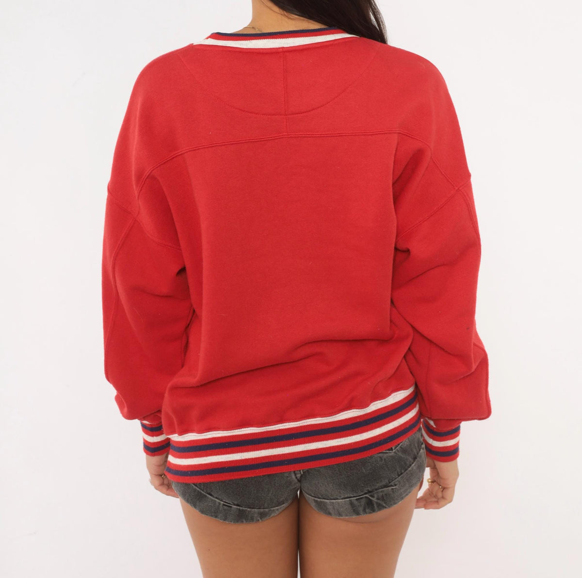 90s Red Crewneck Sweatshirt Striped Rib Trim Navy White Cotton Medium