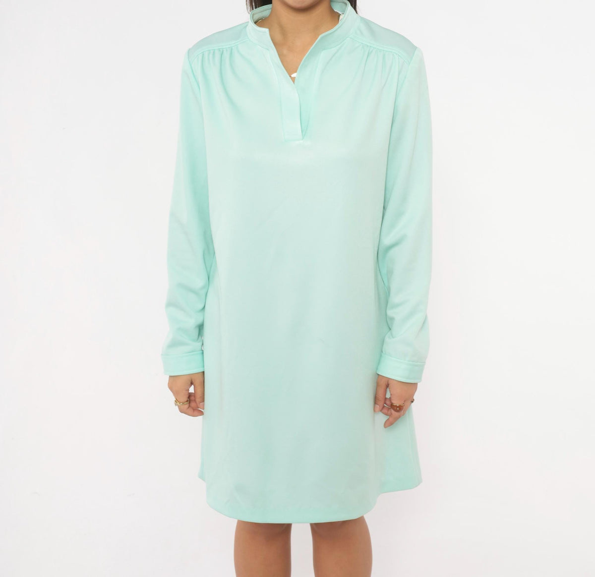 70s Sunshine Alley Mint Green Shift Dress Mandarin Collar Knee-Length Large L