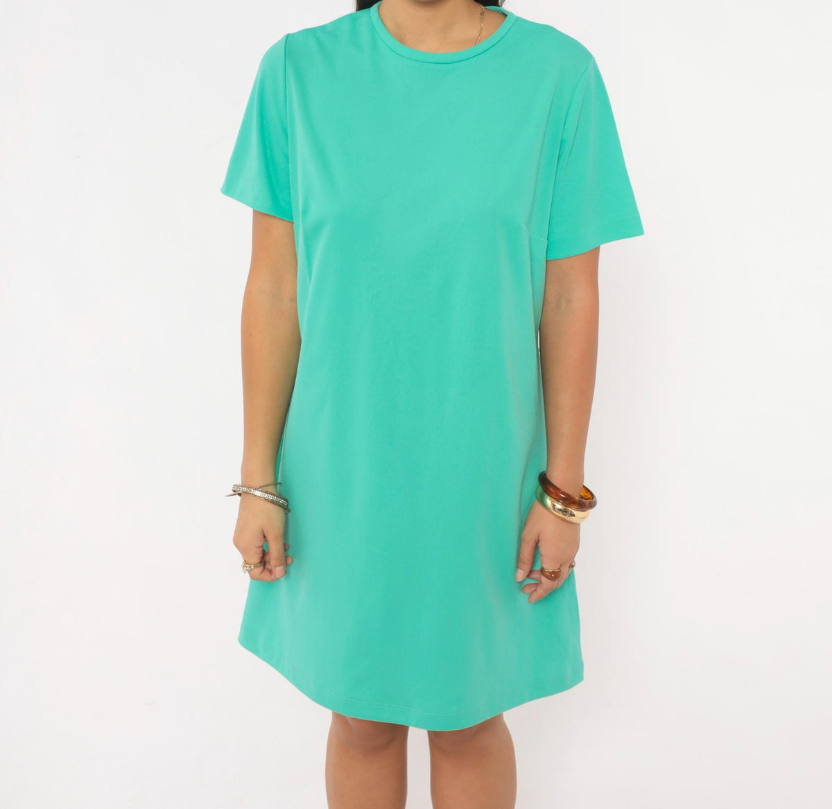70s Teal Shift Dress A-Line Crew Neck Short Sleeve Solid Green Large