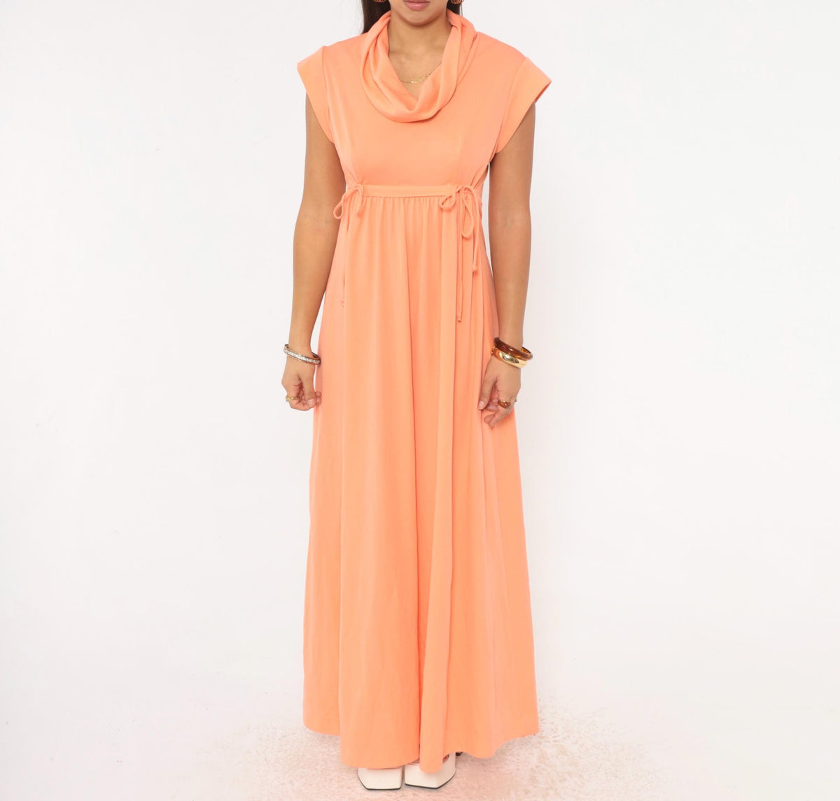 70s Peach Maxi Dress Cowl Neck Cap Sleeve Empire Waist A-Line Medium