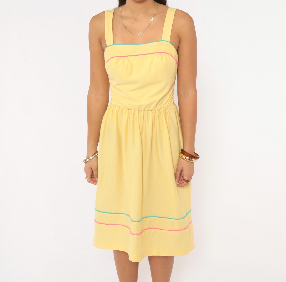 80s Yellow Sundress Mr. Joe Square Neck Teal Pink Piping Medium